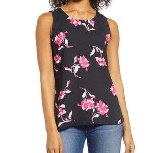 Halogen Scoop Neck Woven Shell Top In Black Pink Morgana Floral Plus Size 1X